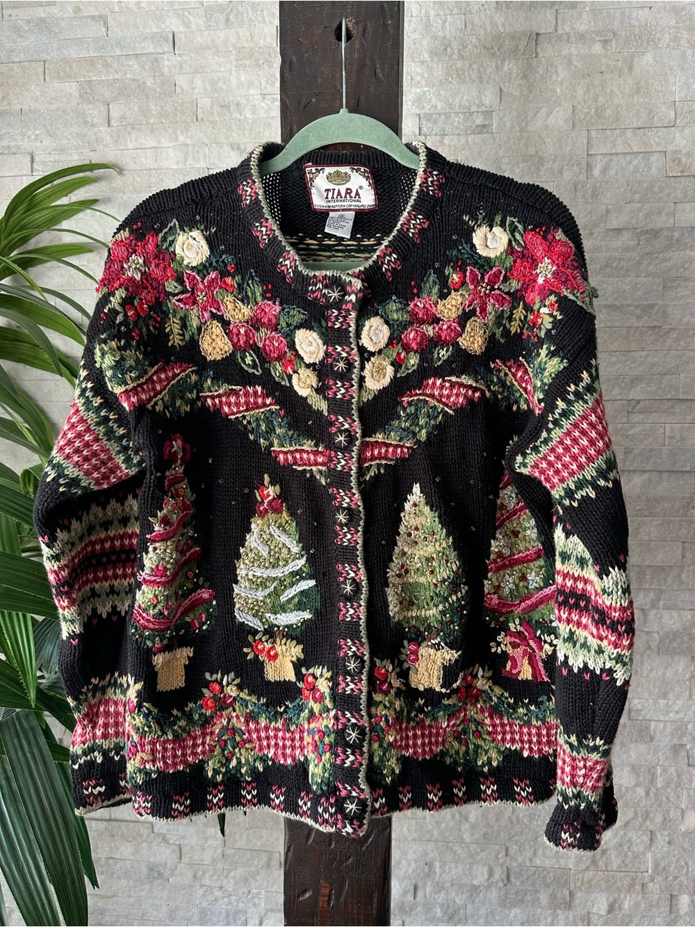 Tiara Vintage Black Embroidered Bead Holiday Tree & Floral Knit Cardigan Size M